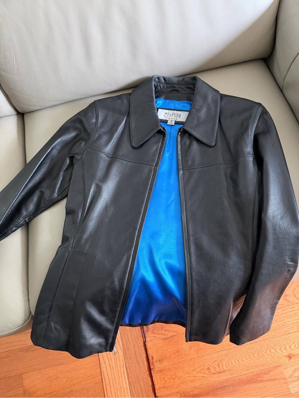 Wilsons Leather Black Leather Jacket with Blue Satin Lining
